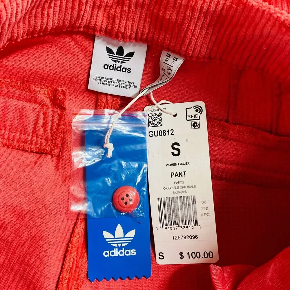 Adidas Womens Small Pants Pink Corduroy Straight High Waist Logo Stripe NWT BB29 - Picture 2 of 6